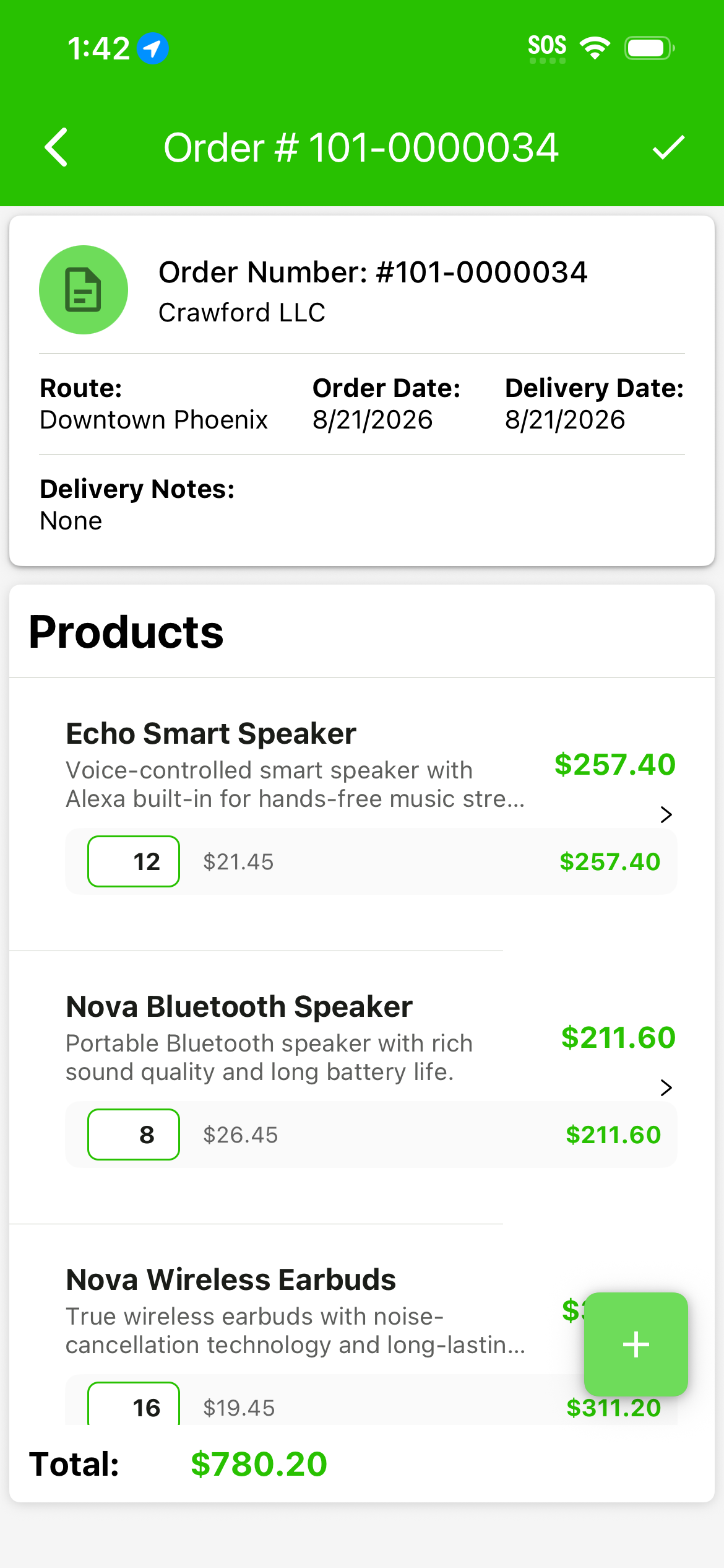 Root Mobile invoice and payments screen showing order details, products, and totals