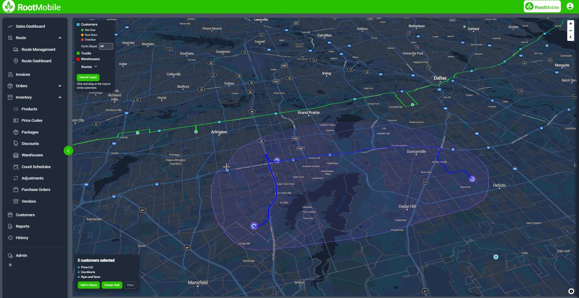 Root Mobile route dashboard with a live map, customer lasso selection, and add-to-route actions